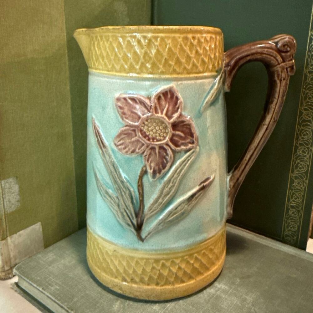 Antique English Majolica Pitcher • Relief Floral • Scroll Handle • c. 1890–1920 - Picture 4 of 14